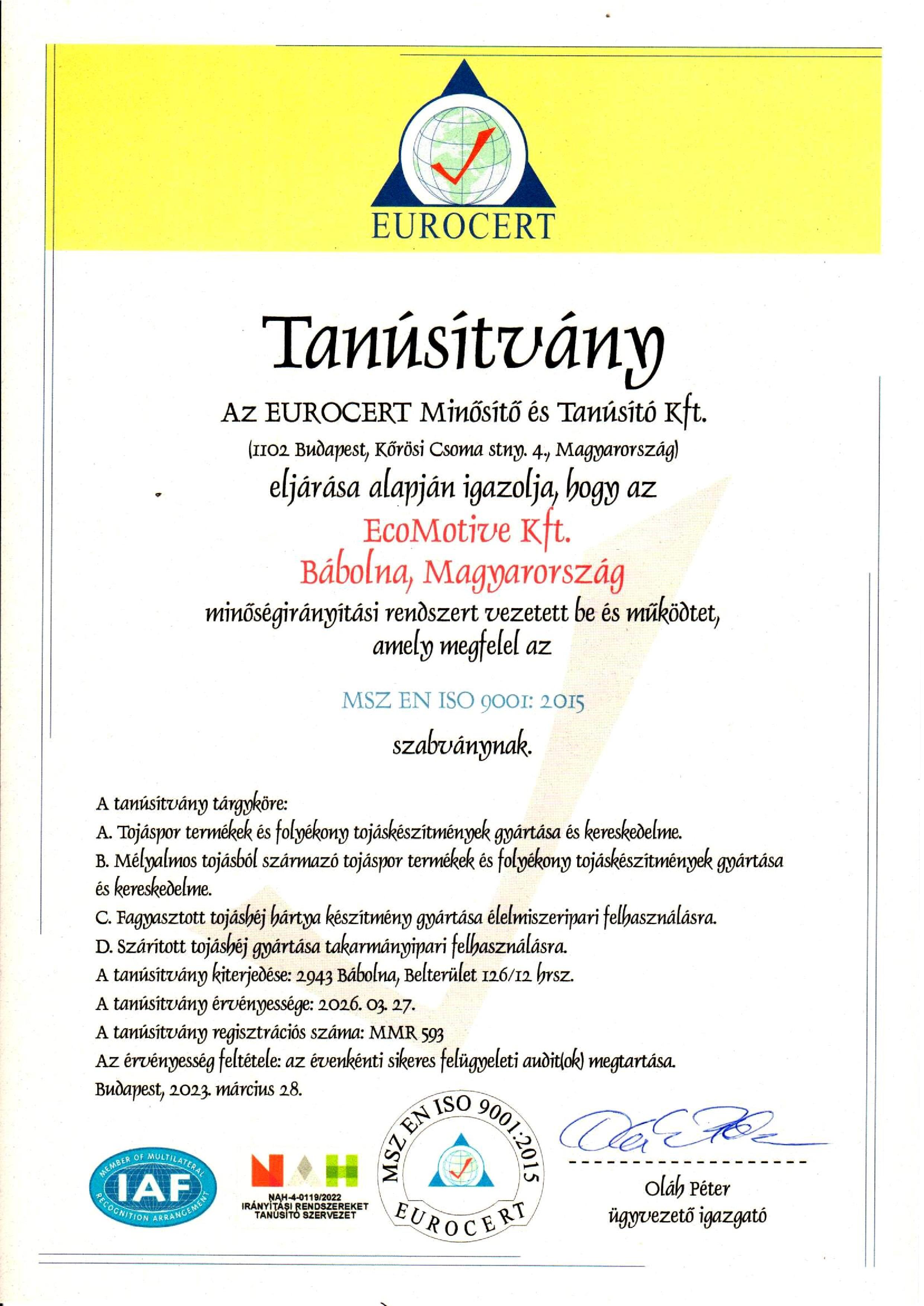 ISO 9001 tanúsítvány